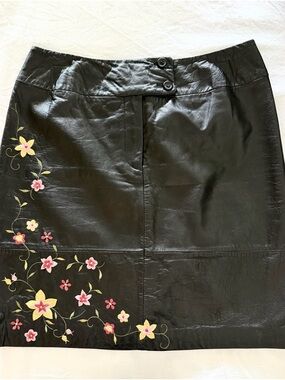 Alfani Black Leather Pencil Skirt with Pink and Yellow Floral Embroidery
